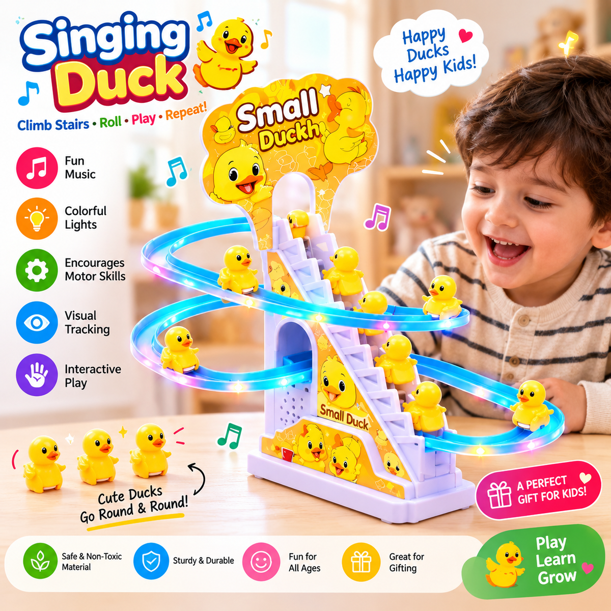 Singing Duck Climb Stairs Toy – Musical Rolling Duck Track with Lights & Sound