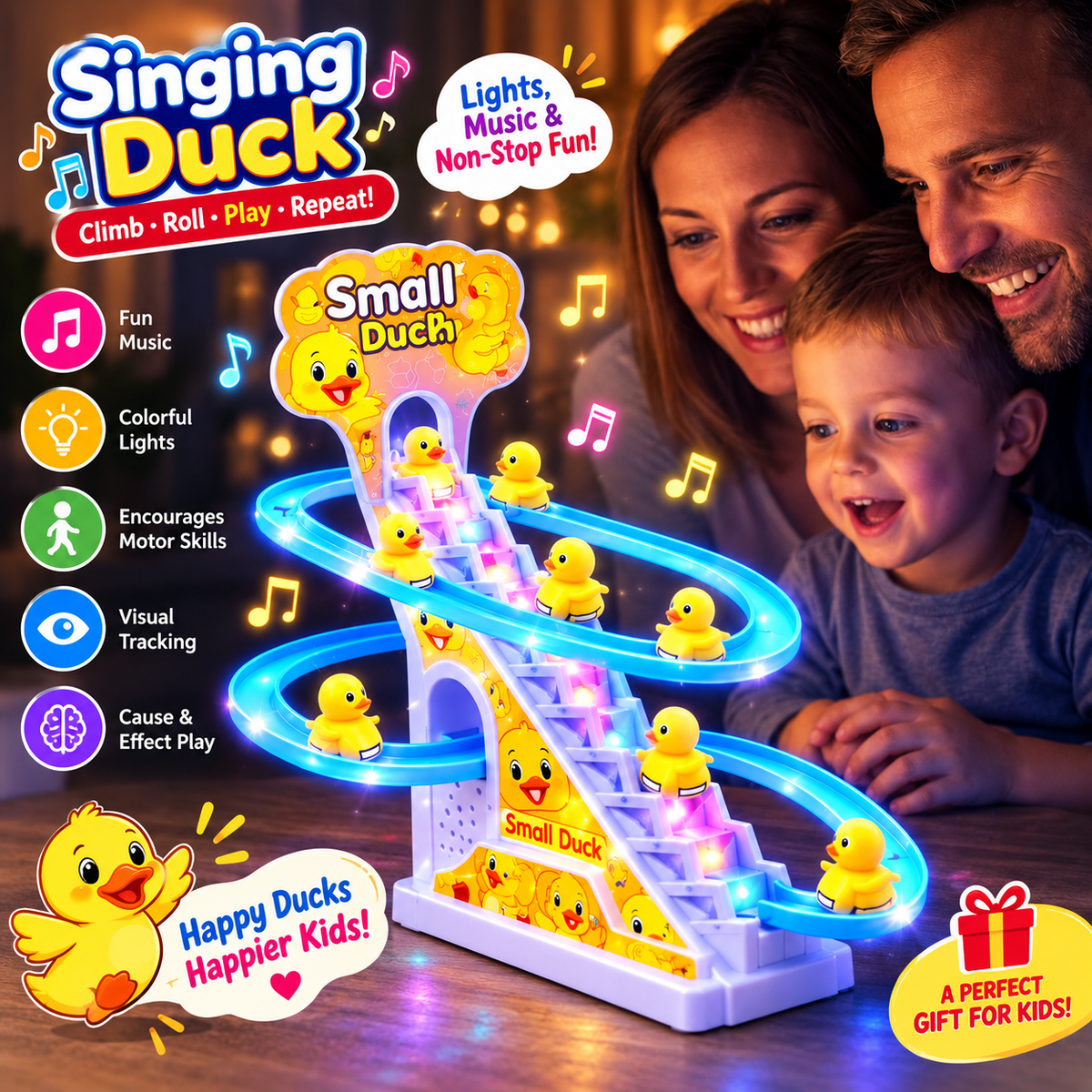 Singing Duck Climb Stairs Toy – Musical Rolling Duck Track with Lights & Sound