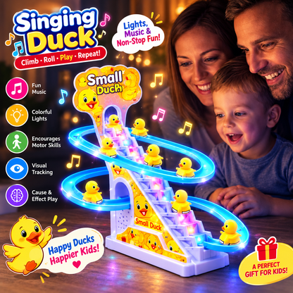 Singing Duck Climb Stairs Toy – Musical Rolling Duck Track with Lights & Sound