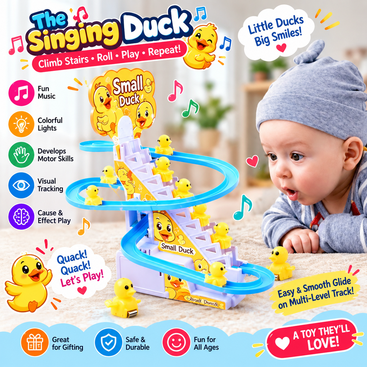 Singing Duck Climb Stairs Toy – Musical Rolling Duck Track with Lights & Sound
